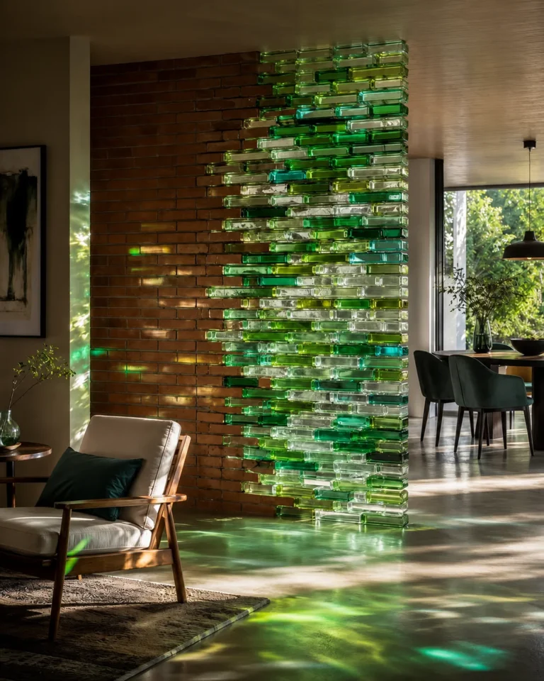 Artistic Commercial Partition Screen featuring thick square and rectangular crystal bricks with textured, recessed or faceted faces; crystal bricks block interior application 001 with stacked, framed or grid-built wall construction.