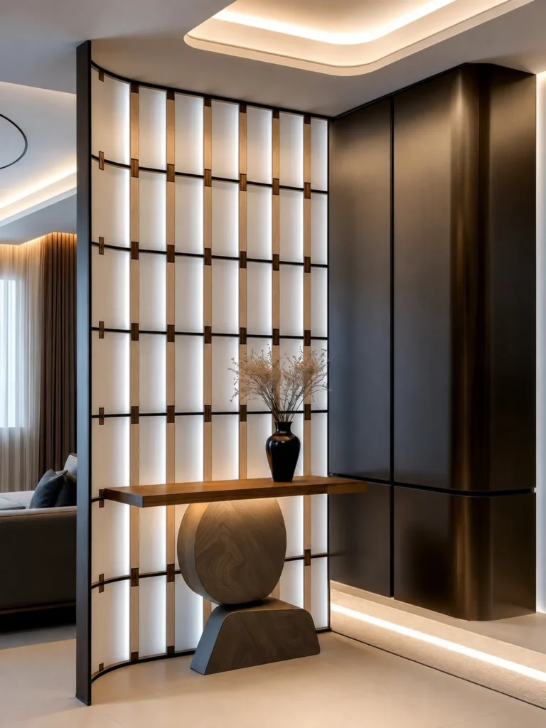 Interior application featuring arched, saddle-shaped and cylindrical crystal tiles with relief surfaces; curved crystal tile interior application 007 with corner holes, edge alignment and overlapping rows.