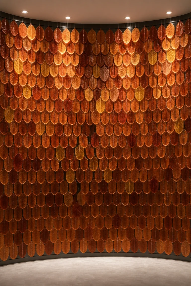 Interior application featuring ribbed feather-shaped crystal elements; feather crystal panel interior application 011 with drilled hanging points and overlapping rows.