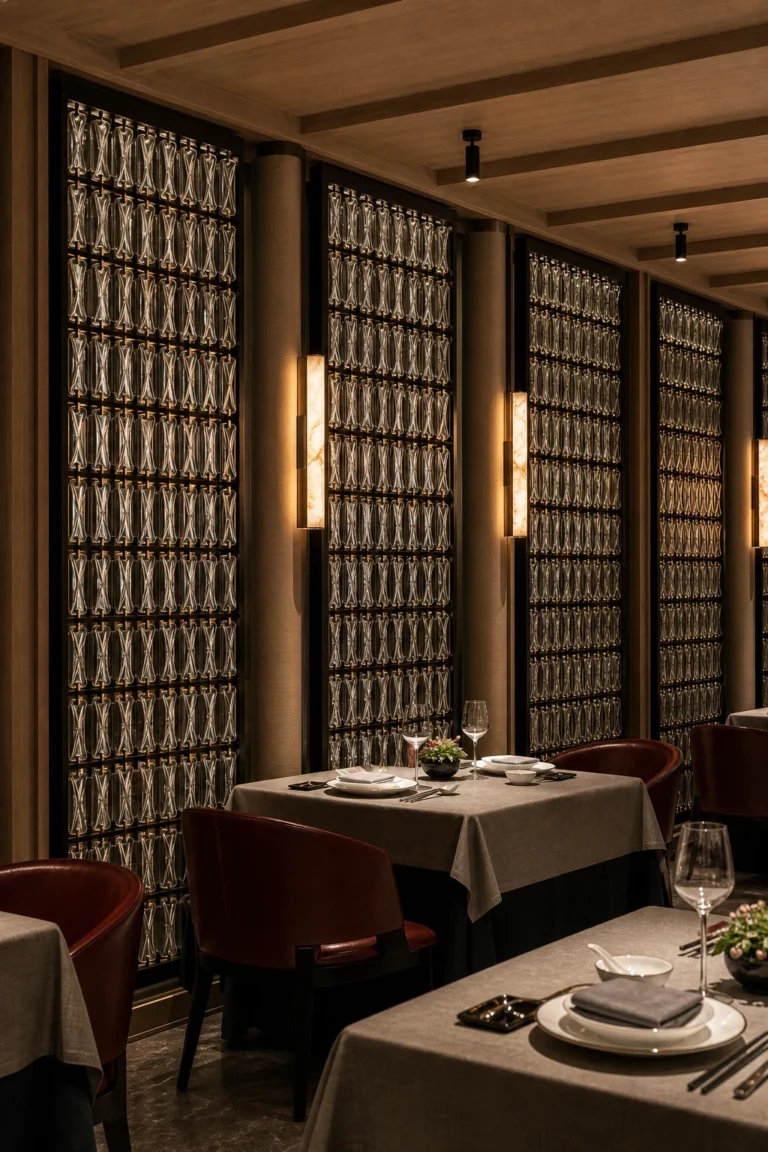 Full-height rectangular crystal hanging panels in a warm restaurant interior