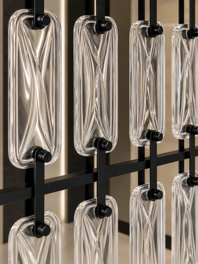 Panneaux rectangulaires suspendus en cristal utilisés dans une application intérieure d’écran décoratif en cristal sur mesure