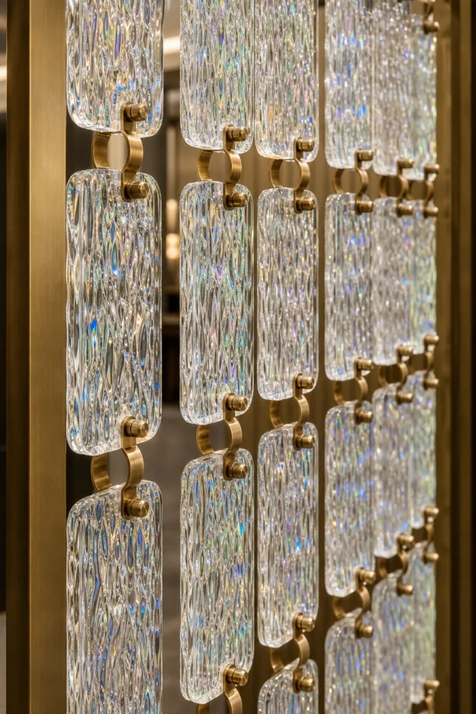Panneaux rectangulaires suspendus en cristal utilisés dans une application intérieure d’écran décoratif en cristal sur mesure