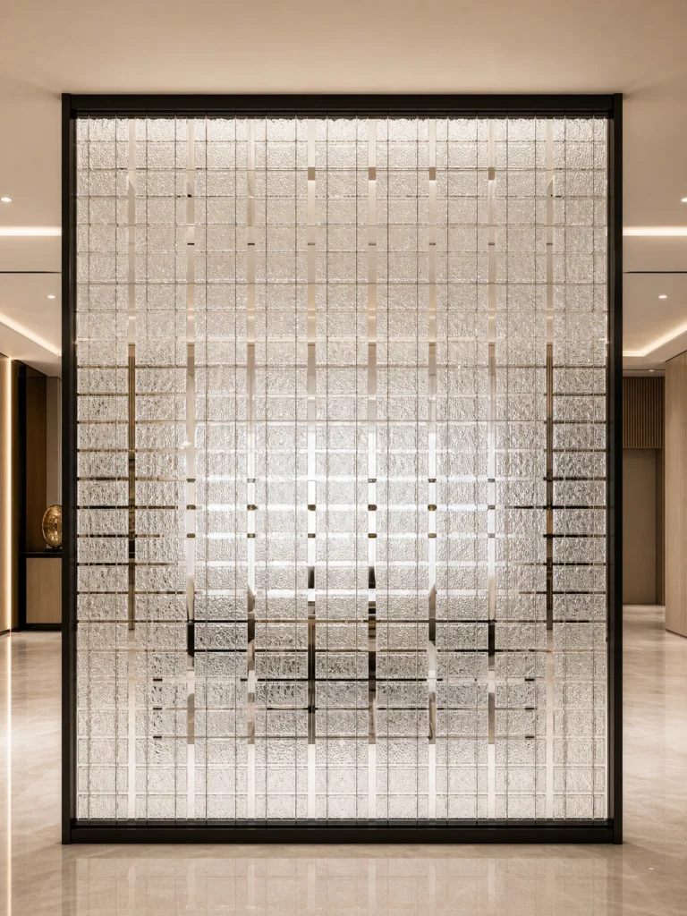 Modules suspendus carrés en cristal disposés en écran décoratif pleine hauteur