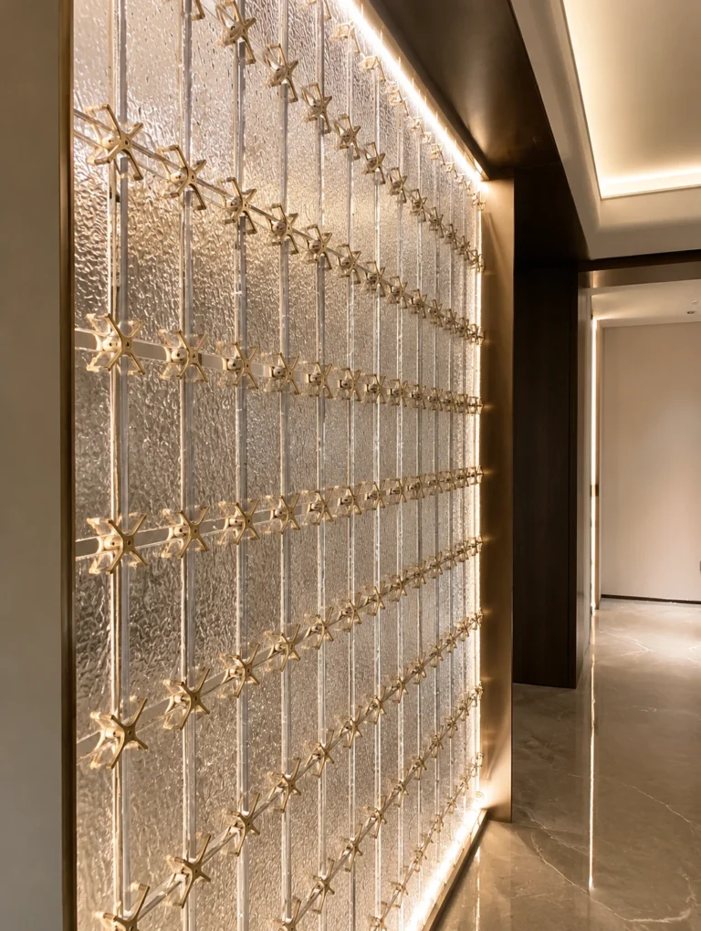 Panneaux et modules carrés en cristal utilisés dans une application intérieure d’écran décoratif en cristal sur mesure