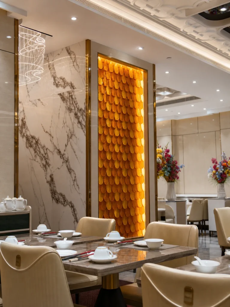Feather crystal feature wall with a reflective backing that increases depth and light